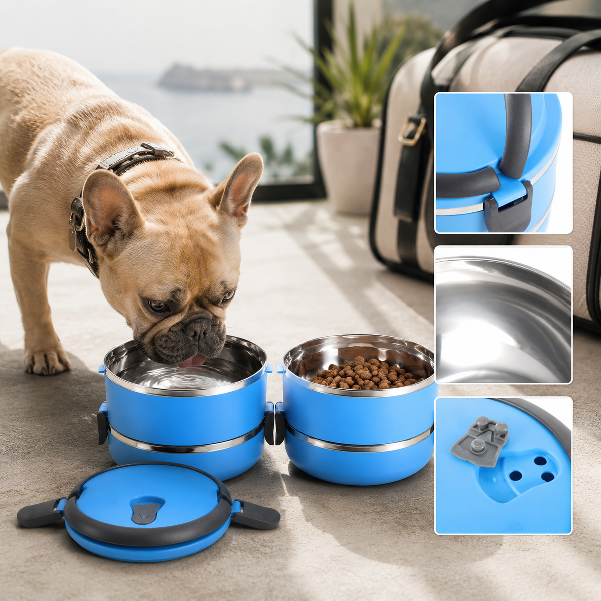 Travel lifestyle collage of the blue Voyager Seal stainless steel pet travel bowl with French Bulldog use case and product detail close-ups.