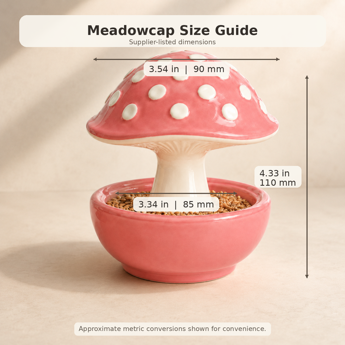 Size guide for the Meadowcap ceramic mushroom bird feeder showing 3.54-inch cap width, 3.34-inch bowl opening and 4.33-inch overall height.