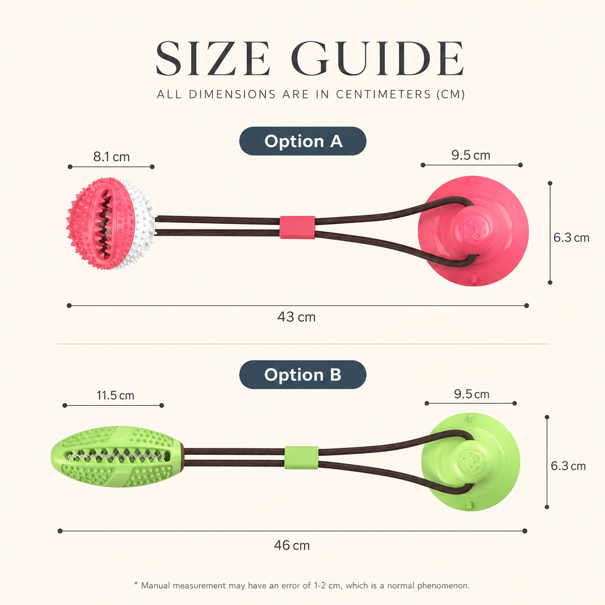 Size guide for round-head Option A and oval-head Option B suction cup dog toys with supplier measurements in centimetres.