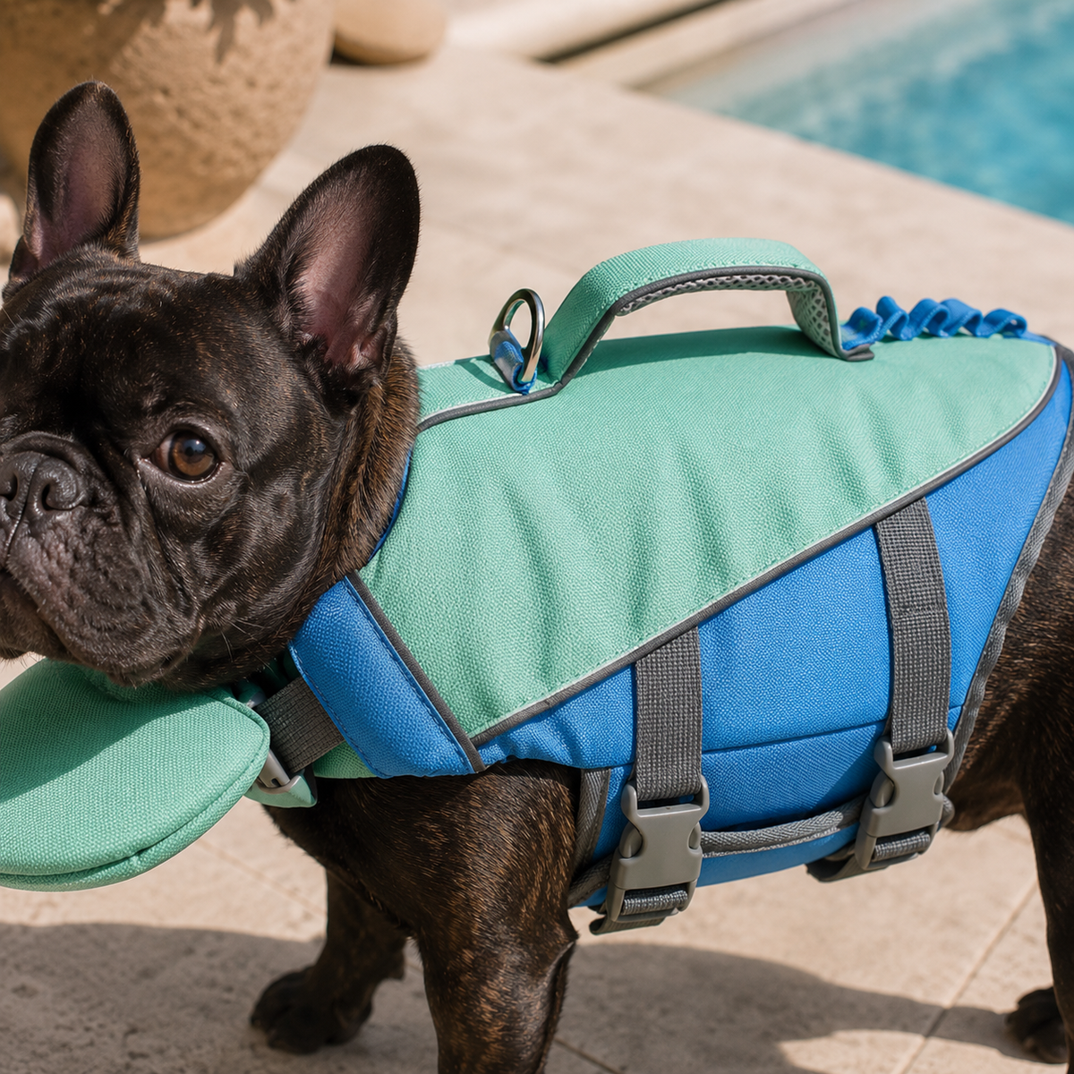 Close-up detail of the HarborGuard reflective dog life jacket in pine green and blue on a French bulldog.