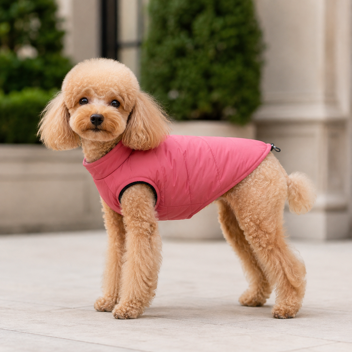 Poodle wearing the Water-Resistant Dog Vest in a darker pink.