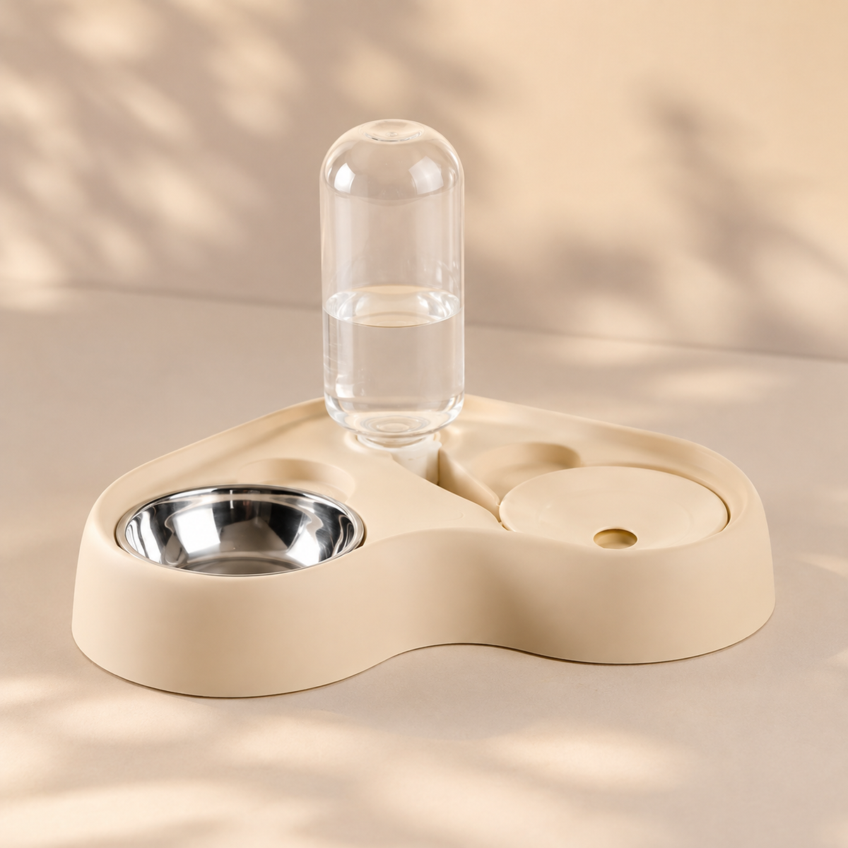Maison Duo pet feeder and automatic waterer in Vanilla Brown with removable stainless steel food bowl.