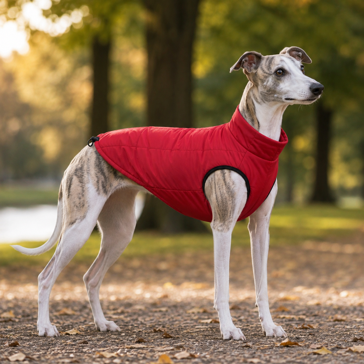 Greyhound wearing the Water-Resistant Dog Vest in Red in an outdoor park setting.