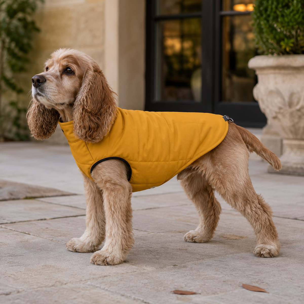 Spaniel wearing the Water-Resistant Dog Vest in Yellow in a refined outdoor setting.