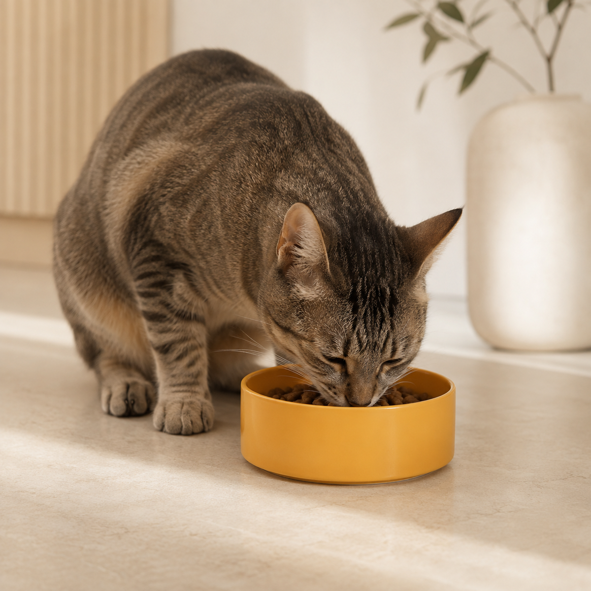 Tabby cat eating from a yellow ceramic pet bowl on the floor in a warm minimalist home.
