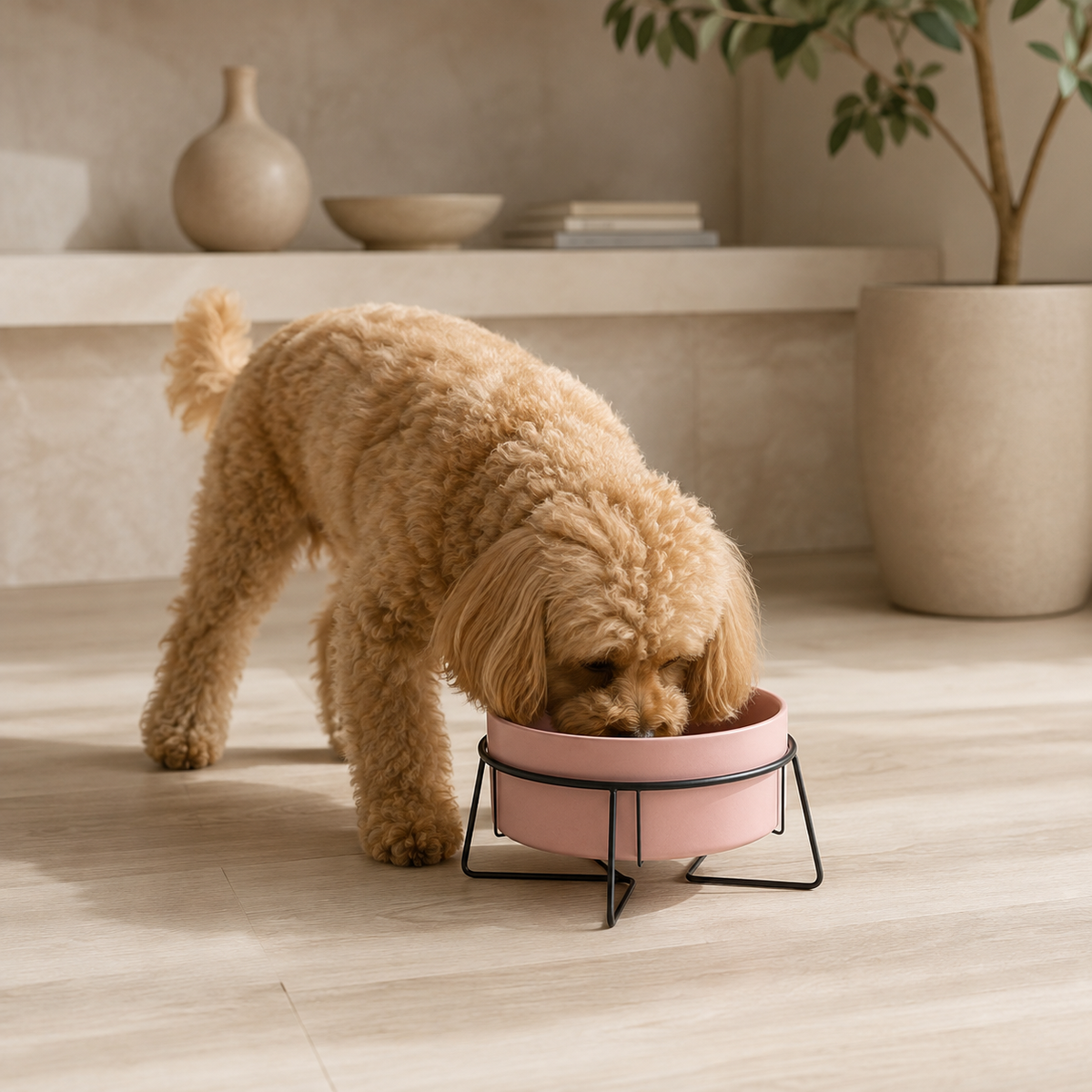 Small curly-haired dog eating from a pink elevated ceramic pet bowl in a black metal stand.