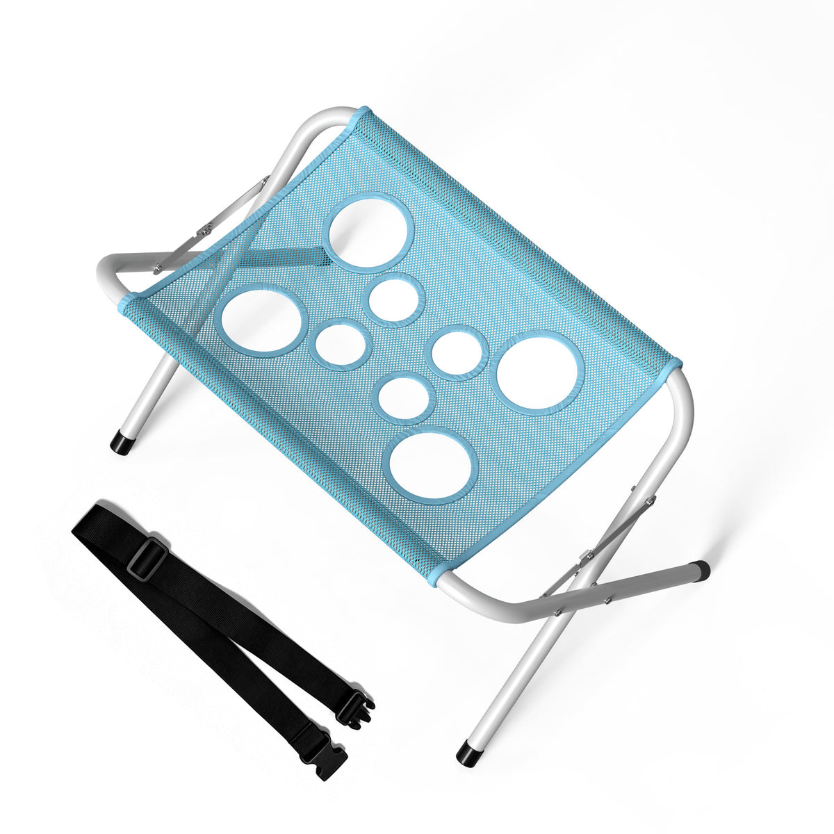 Blue grooming hammock on its white folding frame with the eight mesh openings visible, shown with the black adjustable strap alongside.
