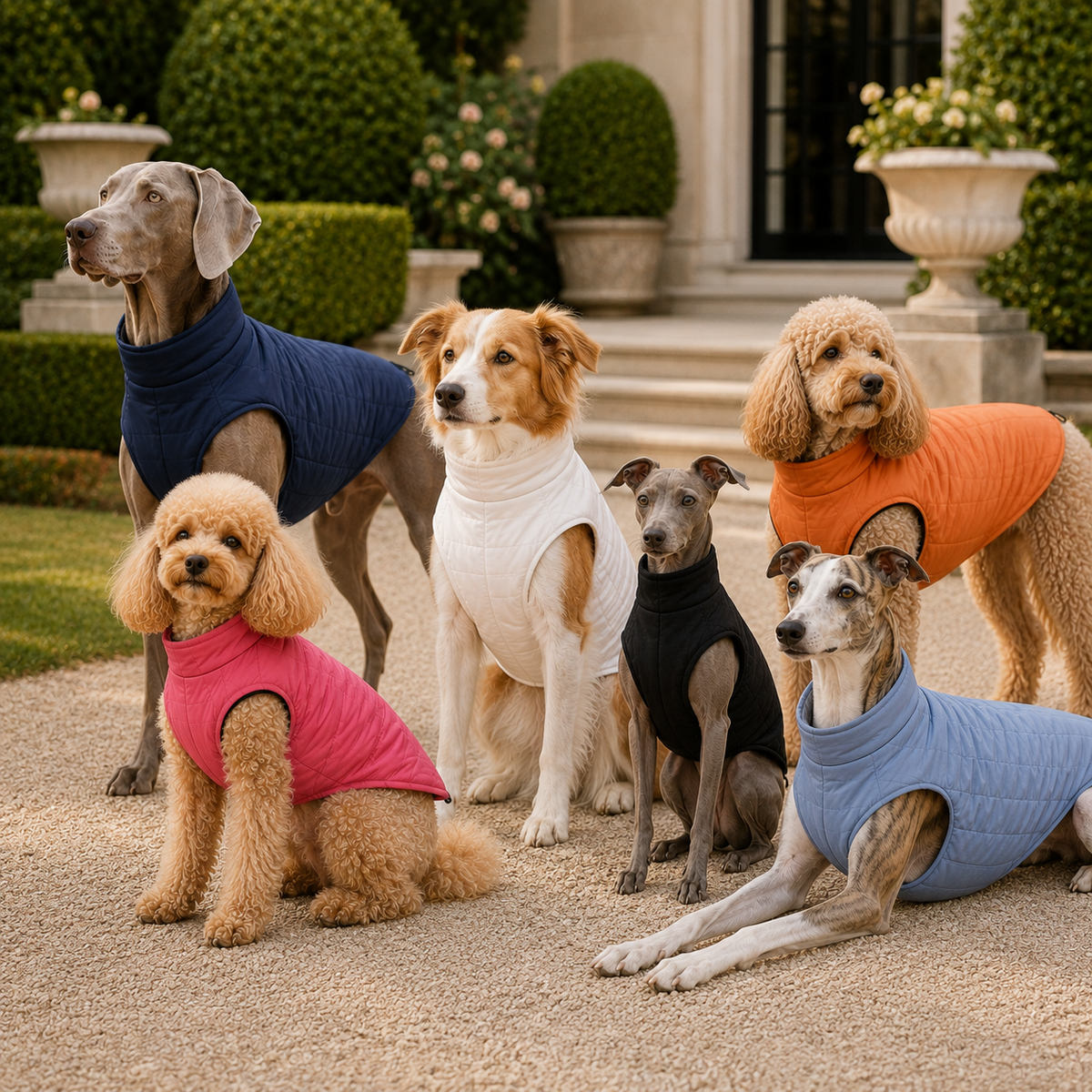 Dogs of different sizes wearing the Water-Resistant Dog Vest in multiple colors in an elegant garden courtyard.
