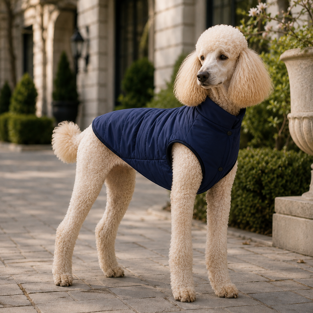 Poodle wearing the Water-Resistant Dog Vest in Navy Blue at an elegant courtyard entrance.