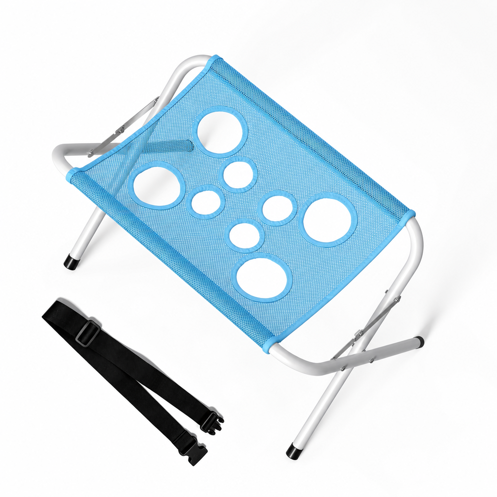 Stand + Blue Mesh: the blue mesh sling on its white folding frame, shown with the black adjustable strap.