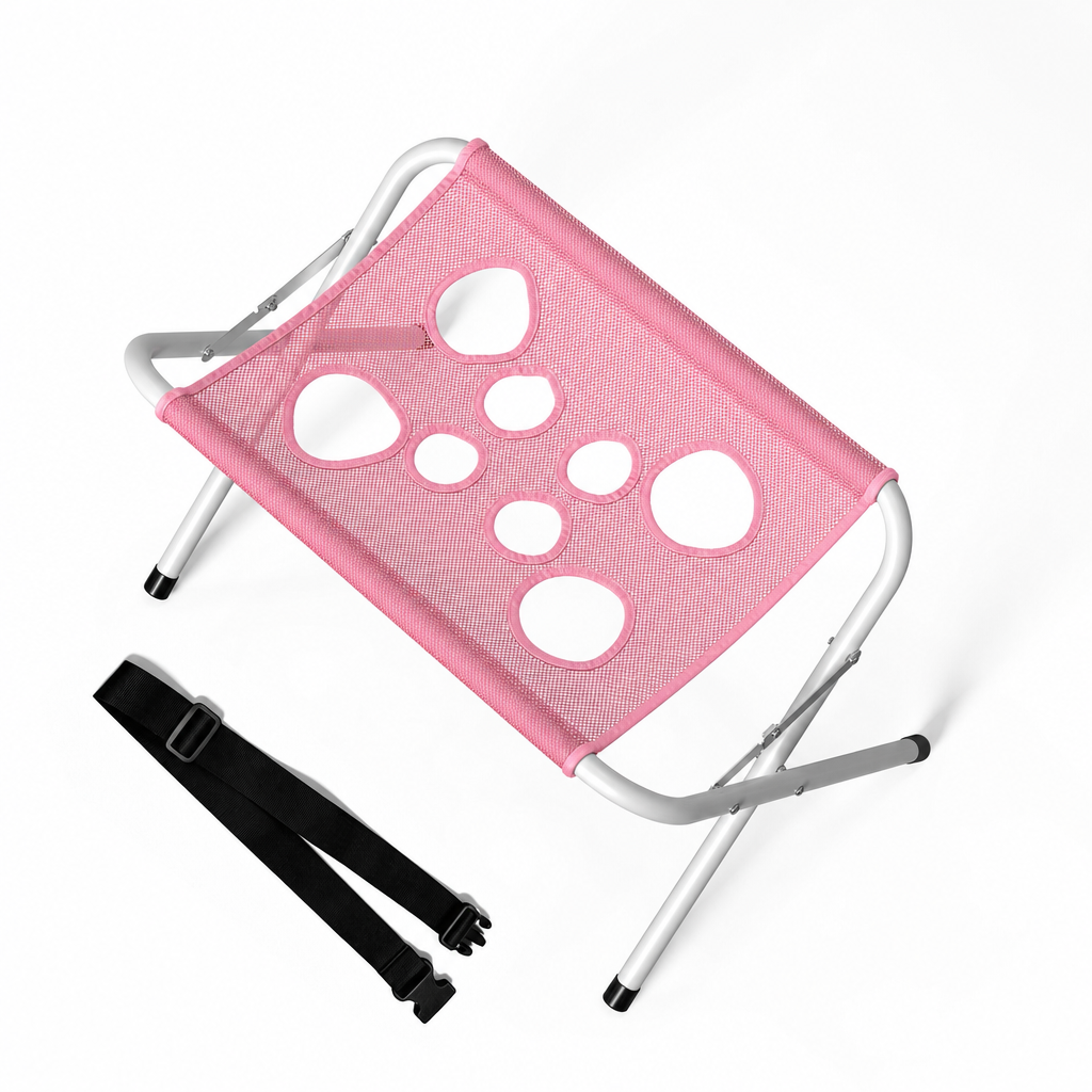 Stand + Pink Mesh: the pink mesh sling on its white folding frame, shown with the black adjustable strap.