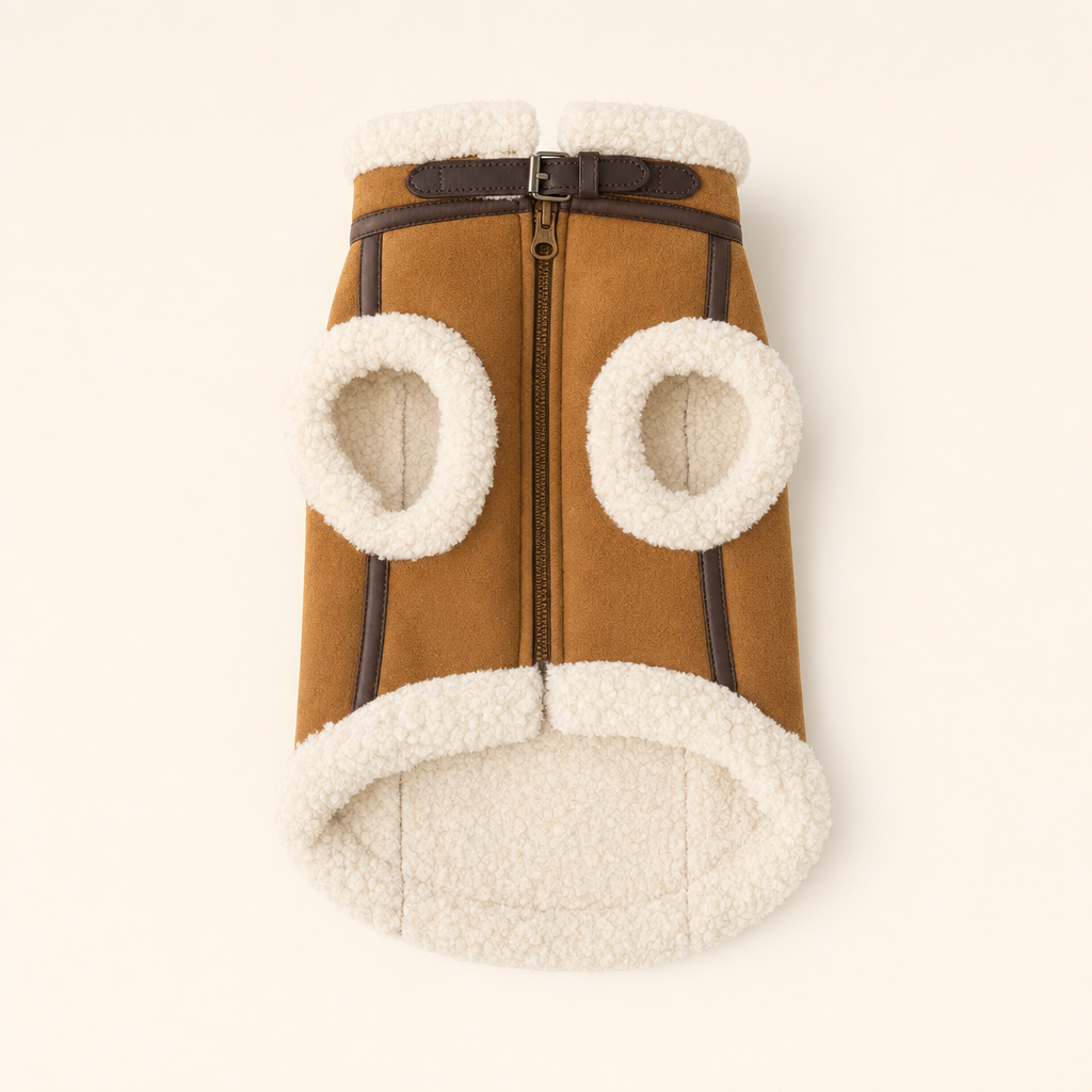 Tan suede-look pet coat laid flat, showing the sherpa collar, leg openings and hem