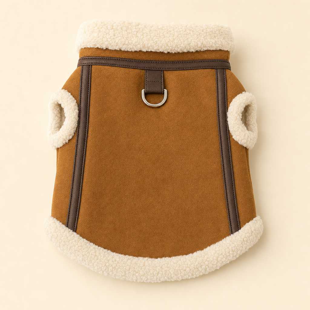 Back of the tan pet coat showing the metal D-ring stitched to its tab