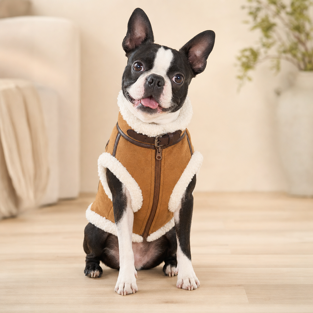 Boston Terrier sitting in the tan aviator coat with its cream sherpa collar and front zip