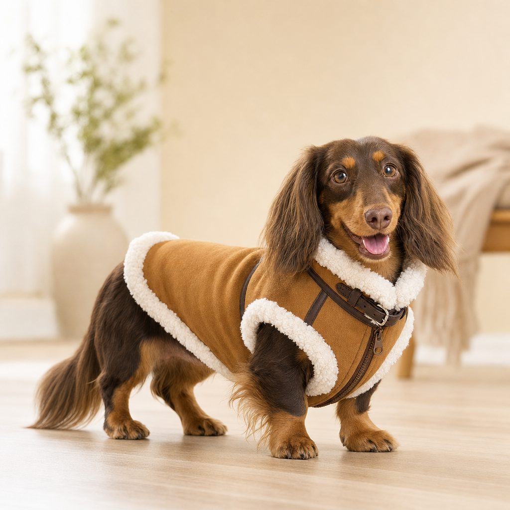 Long-haired Dachshund wearing the tan sherpa-lined winter coat