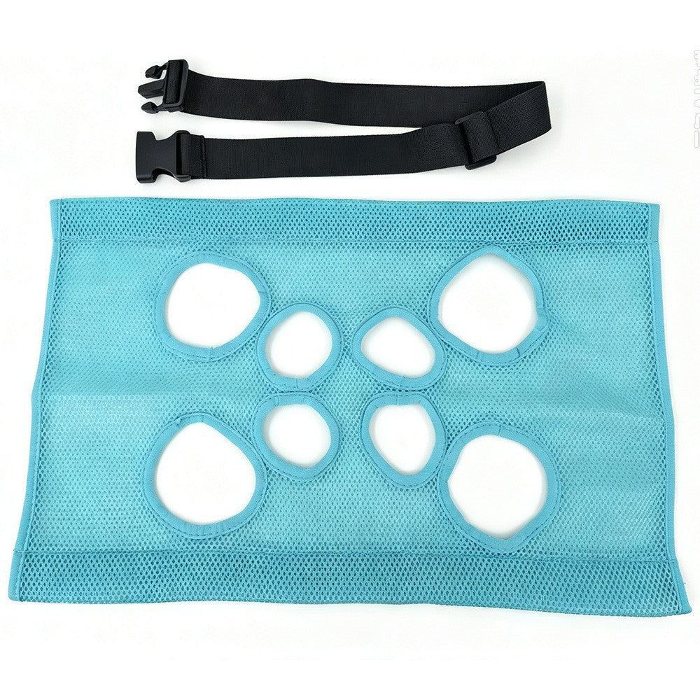 Blue mesh grooming sling laid flat, showing all eight openings, with the black adjustable strap above it. No frame is shown.