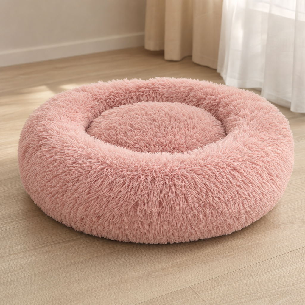 The plush donut bed in blush pink, shown alone from above.