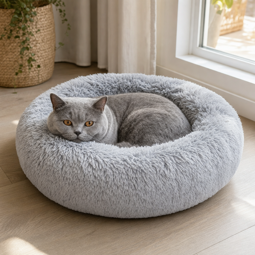 A British Shorthair cat curled in a light grey plush donut bed, its chin resting on the raised rim.