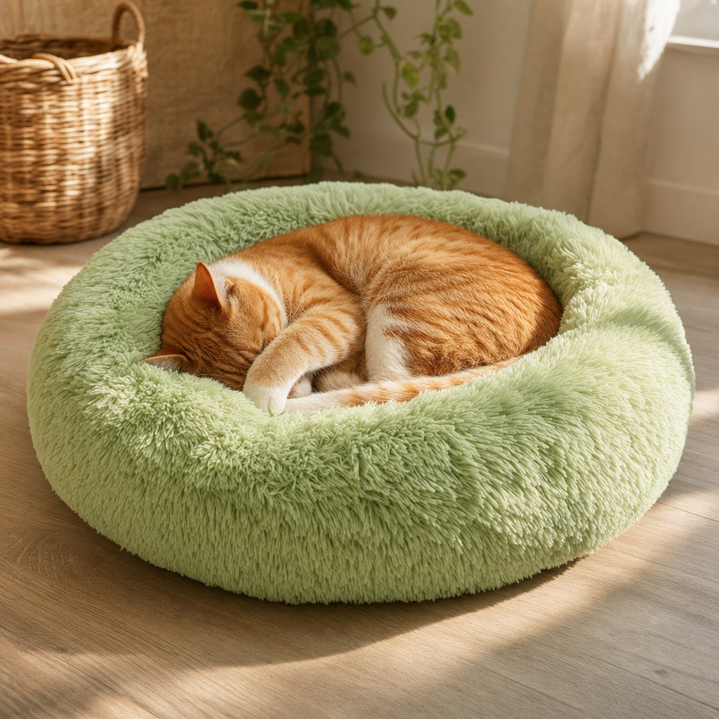 A ginger tabby cat asleep curled in an avocado green plush donut bed in afternoon sun.