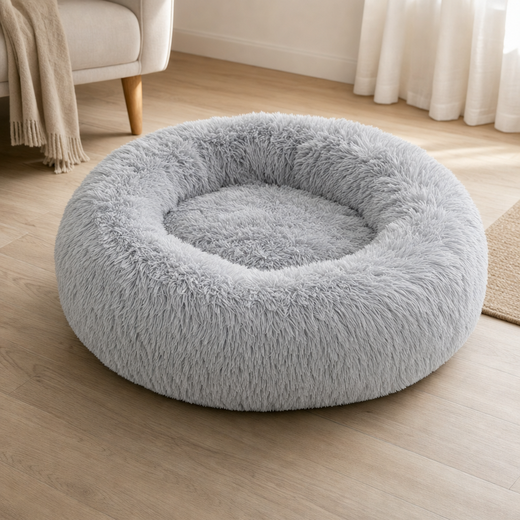 The light grey plush donut bed alone on a wooden floor beside an armchair, showing the depth of the rim and its size.