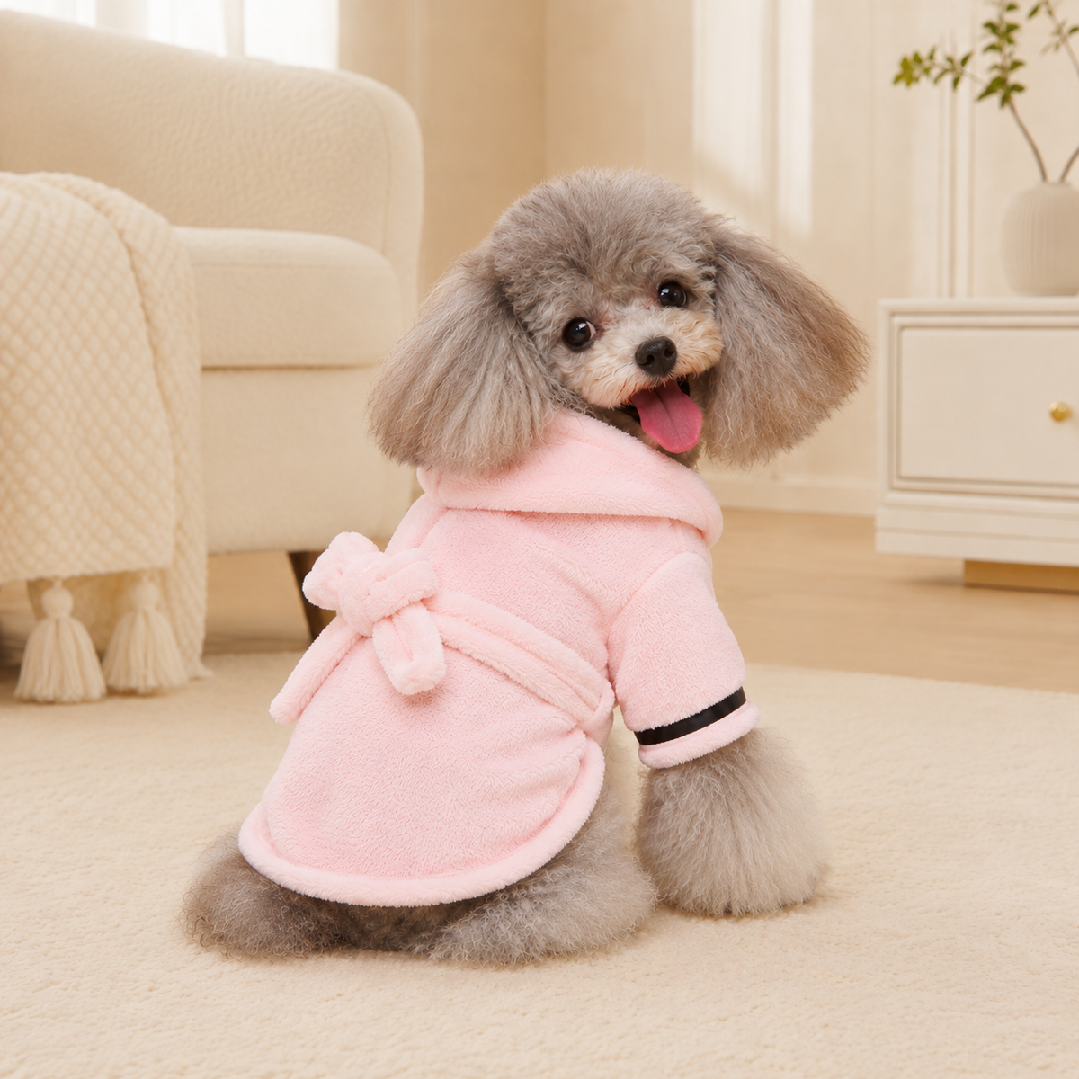 Dog wearing a pink coral fleece hooded bathrobe