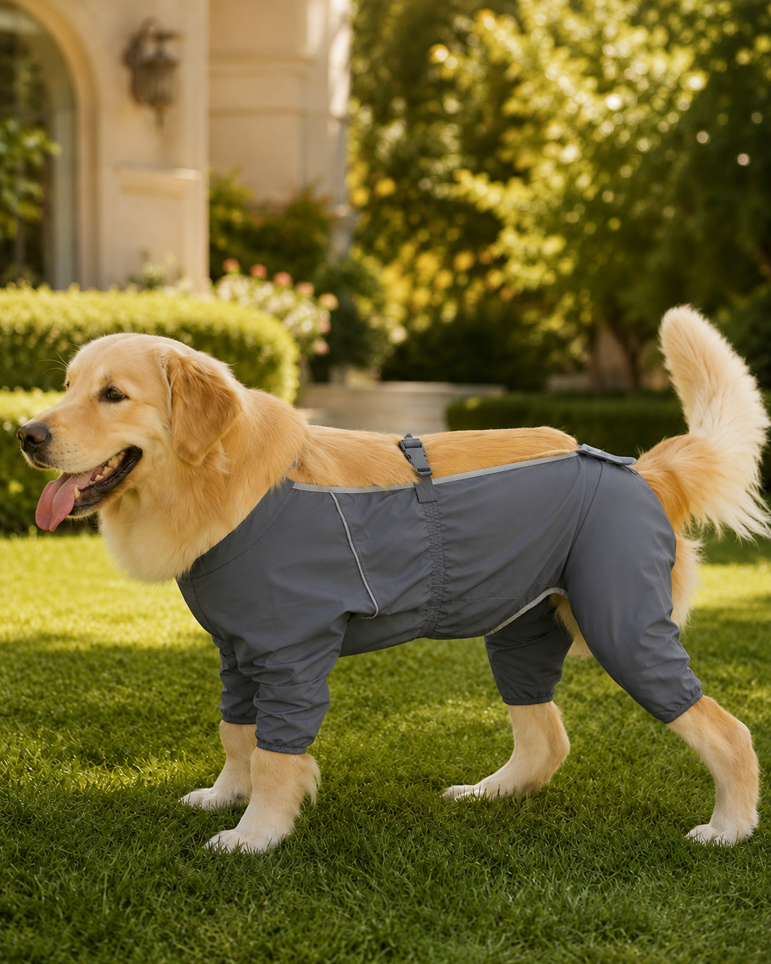 Golden Retriever wearing the Outdoor Water-Resistant Dog Jumpsuit in Carbon Gray.#Color_Carbon gray