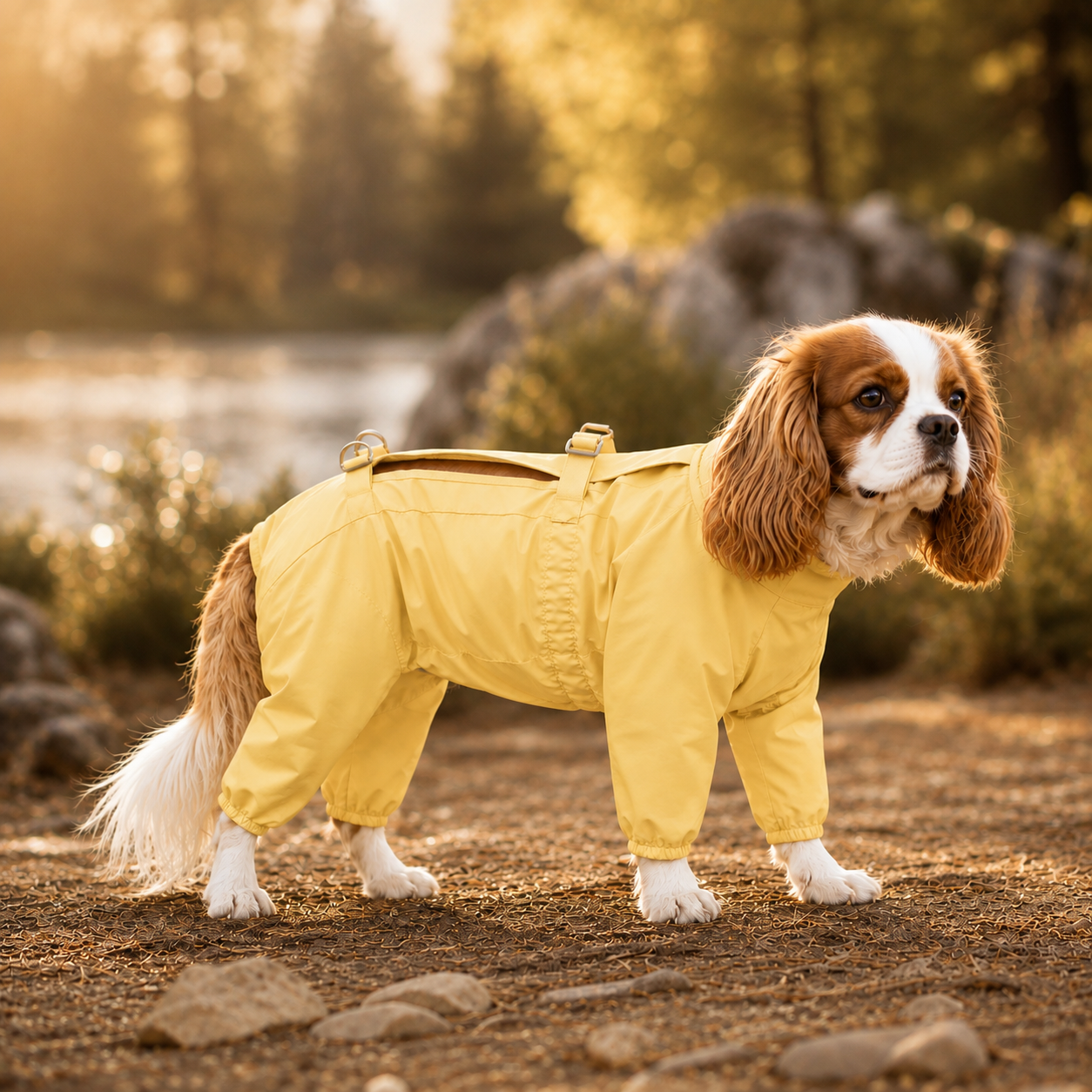 Cavalier Spaniel wearing the Outdoor Water-Resistant Dog Jumpsuit in Egg Yolk Sweet Heart Yellow (v1, superseded).#Archived_Egg yolk sweet heart yellow