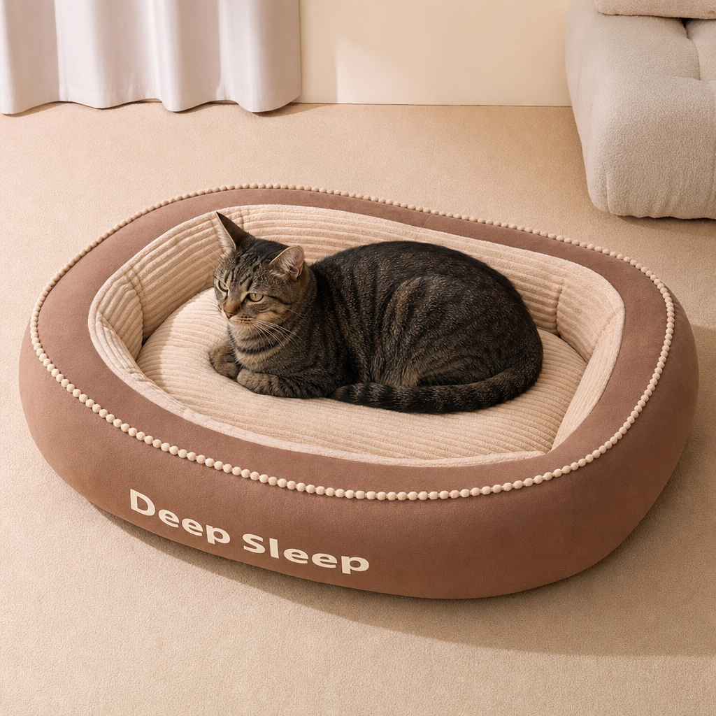 A dark short-haired cat sitting settled in the M size of the bed in Chestnut brown with a cream interior.