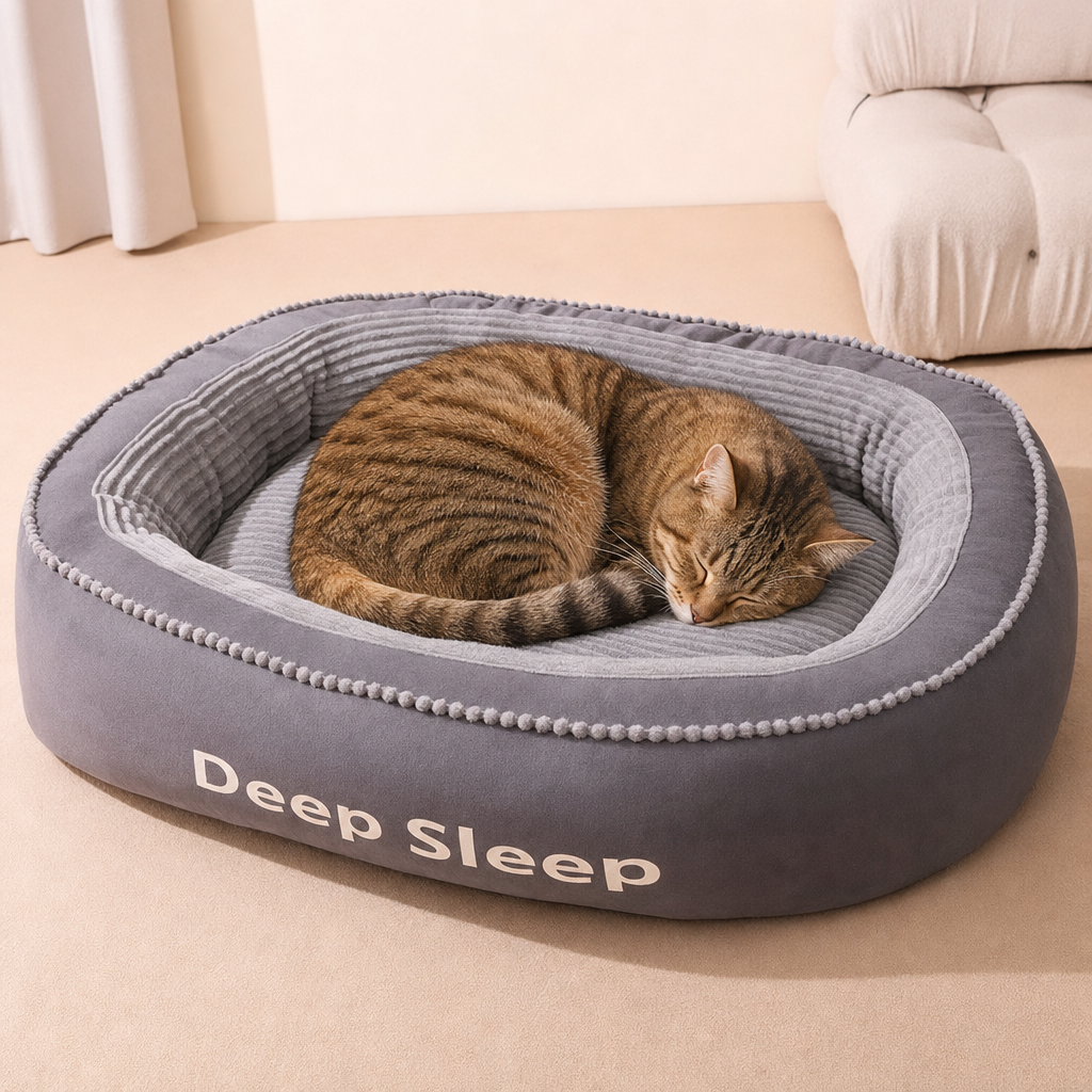 Un gato atigrado duerme acurrucado en la talla S de la cama en Gris Pizarra, sobre un suelo claro.
