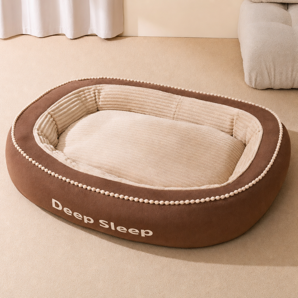 La cama en Castaño con interior crema, con «Deep Sleep» impreso al frente.