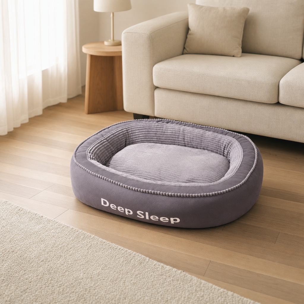 La cama gris sobre un suelo de madera junto a un sofá, en un salón de luz suave.