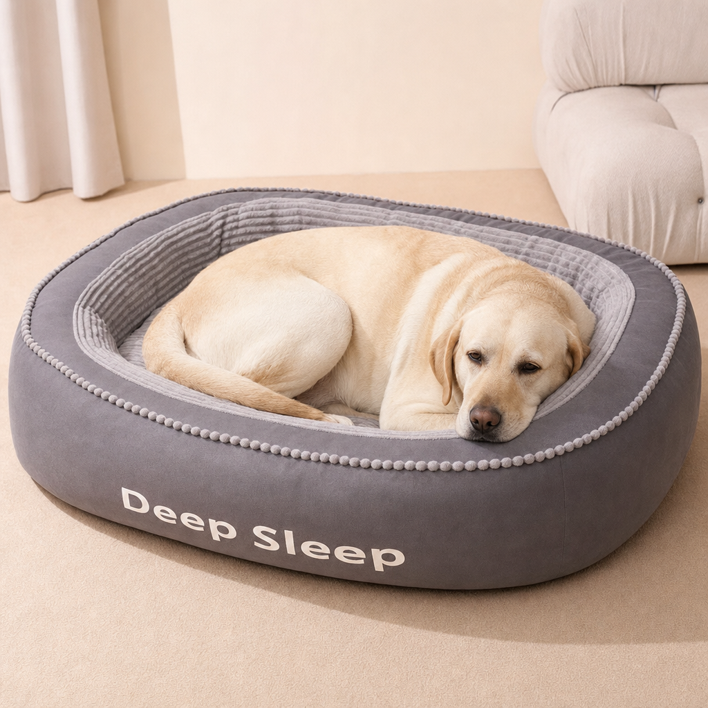A yellow Labrador curled asleep in the XL size of the bed in Slate Grey.