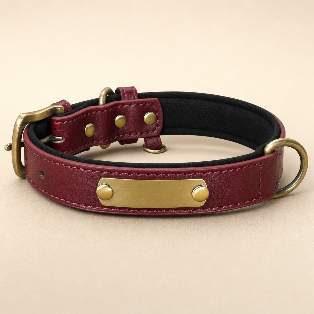 Burgundy vegan leather dog collar with black padded lining and a blank ID plate