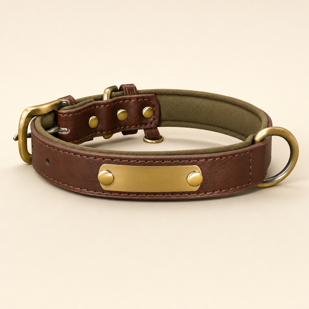 Chestnut brown vegan leather dog collar with olive padded lining and a blank ID plate