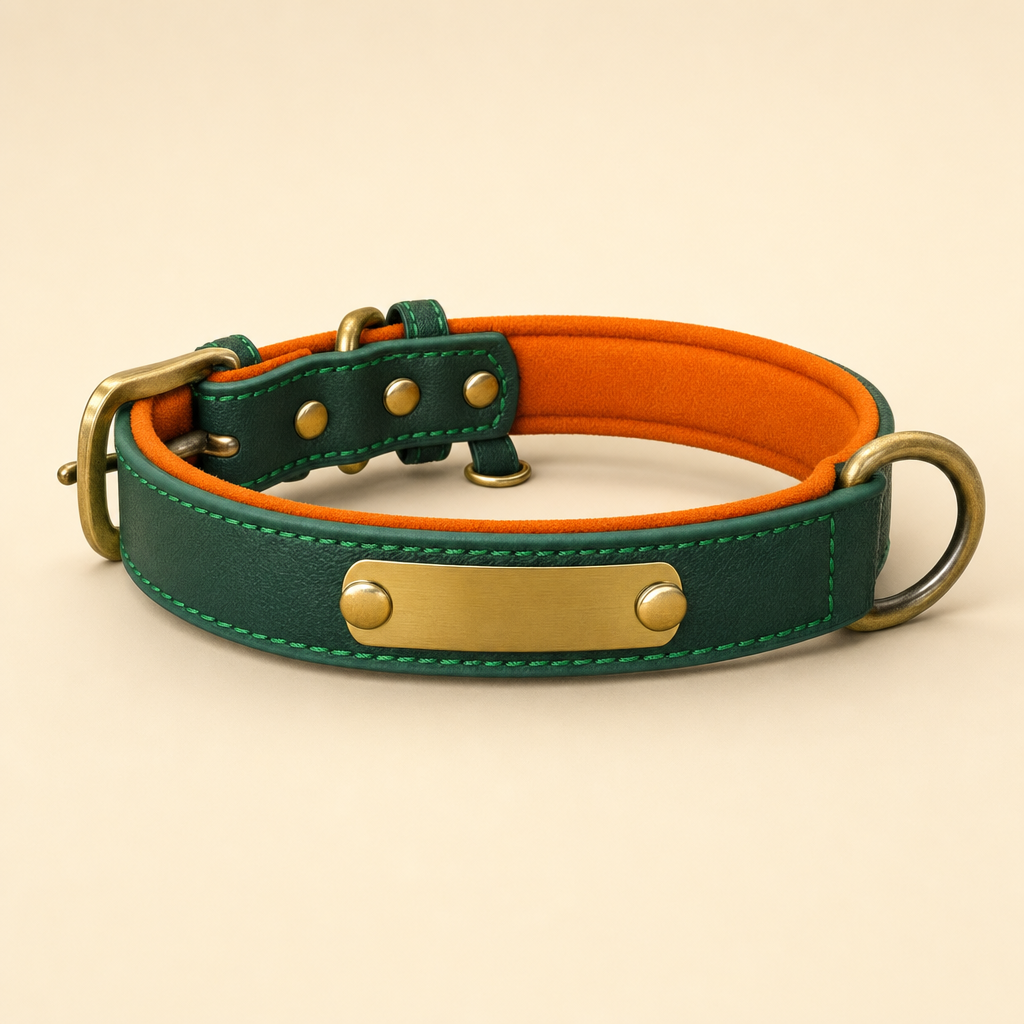 Emerald vegan leather dog collar with antique-brass buckle and a blank metal ID plate