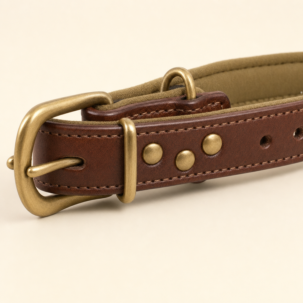 Antique-brass buckle, keeper loop and D-ring on a chestnut vegan leather dog collar