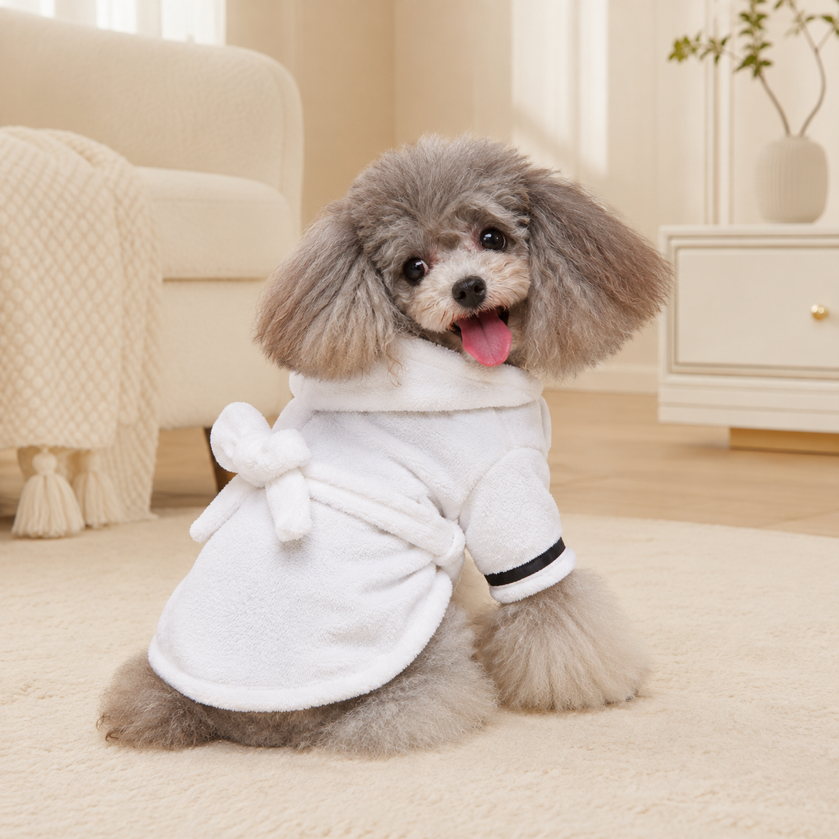 Small dog wearing a soft white hooded coral fleece bathrobe in a warm interior