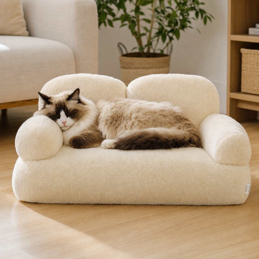 A Ragdoll cat asleep on a cream plush sofa-shaped cat bed in a bright living room.