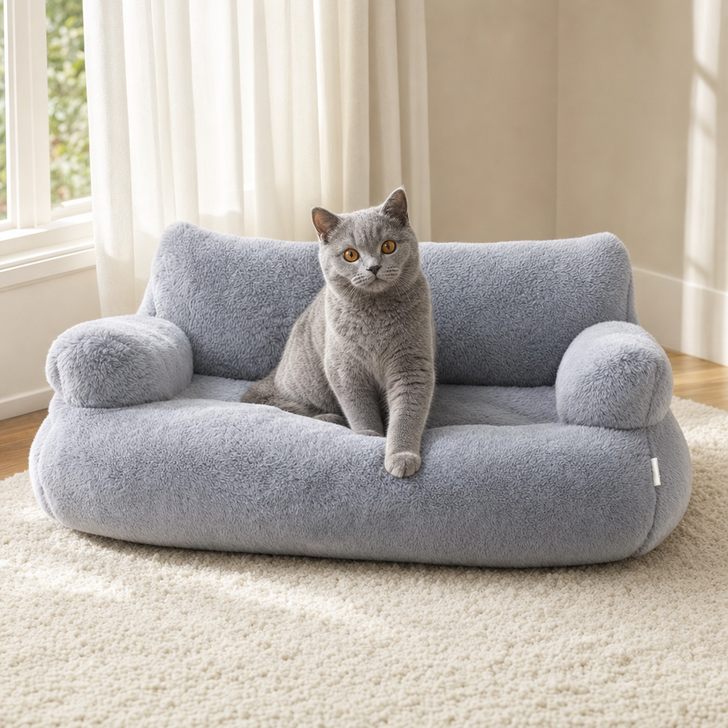 A British Shorthair cat sitting on a grey plush sofa-shaped cat bed by a window.