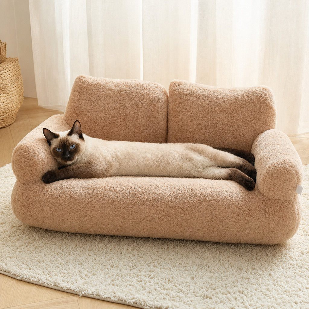A Siamese cat stretched out along an apricot plush sofa-shaped cat bed.