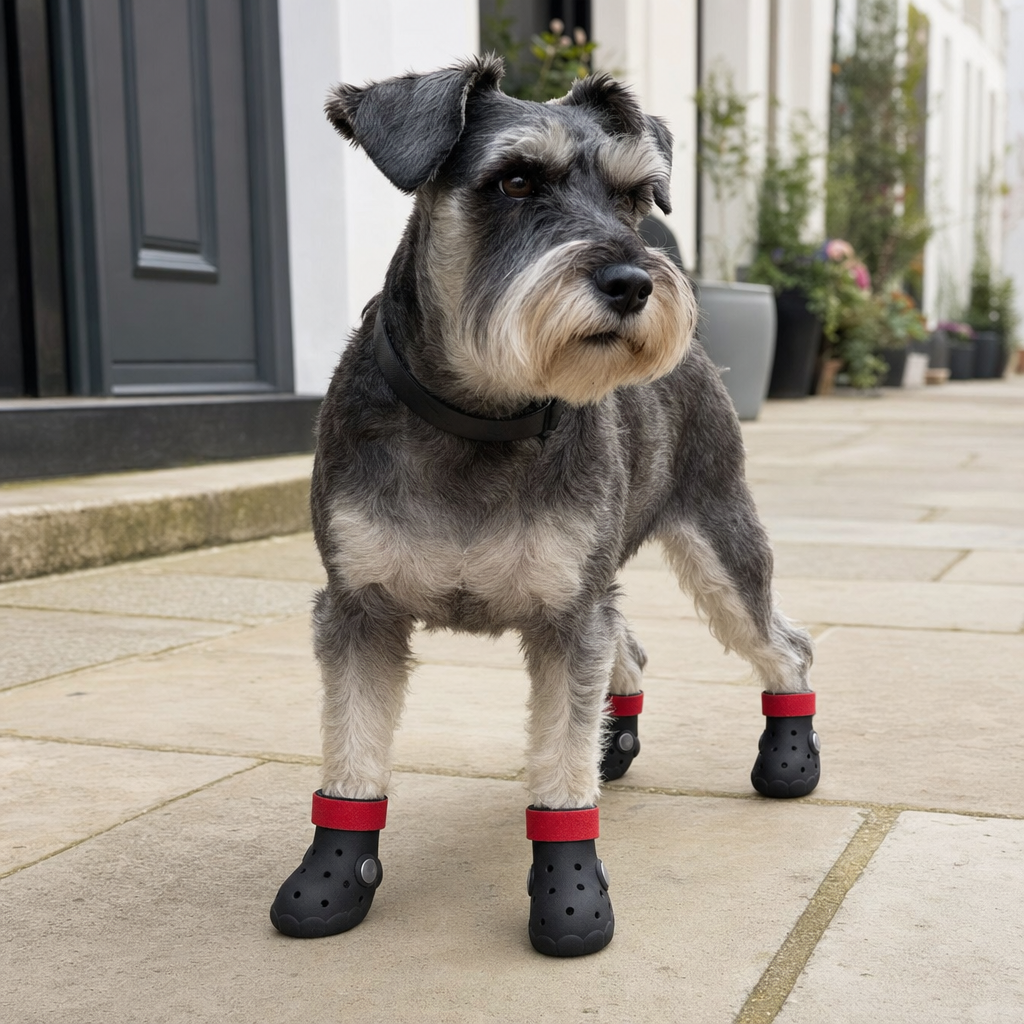 A small grey wire-haired dog standing on a city footpath, wearing black EVA boots with red straps on all four paws.