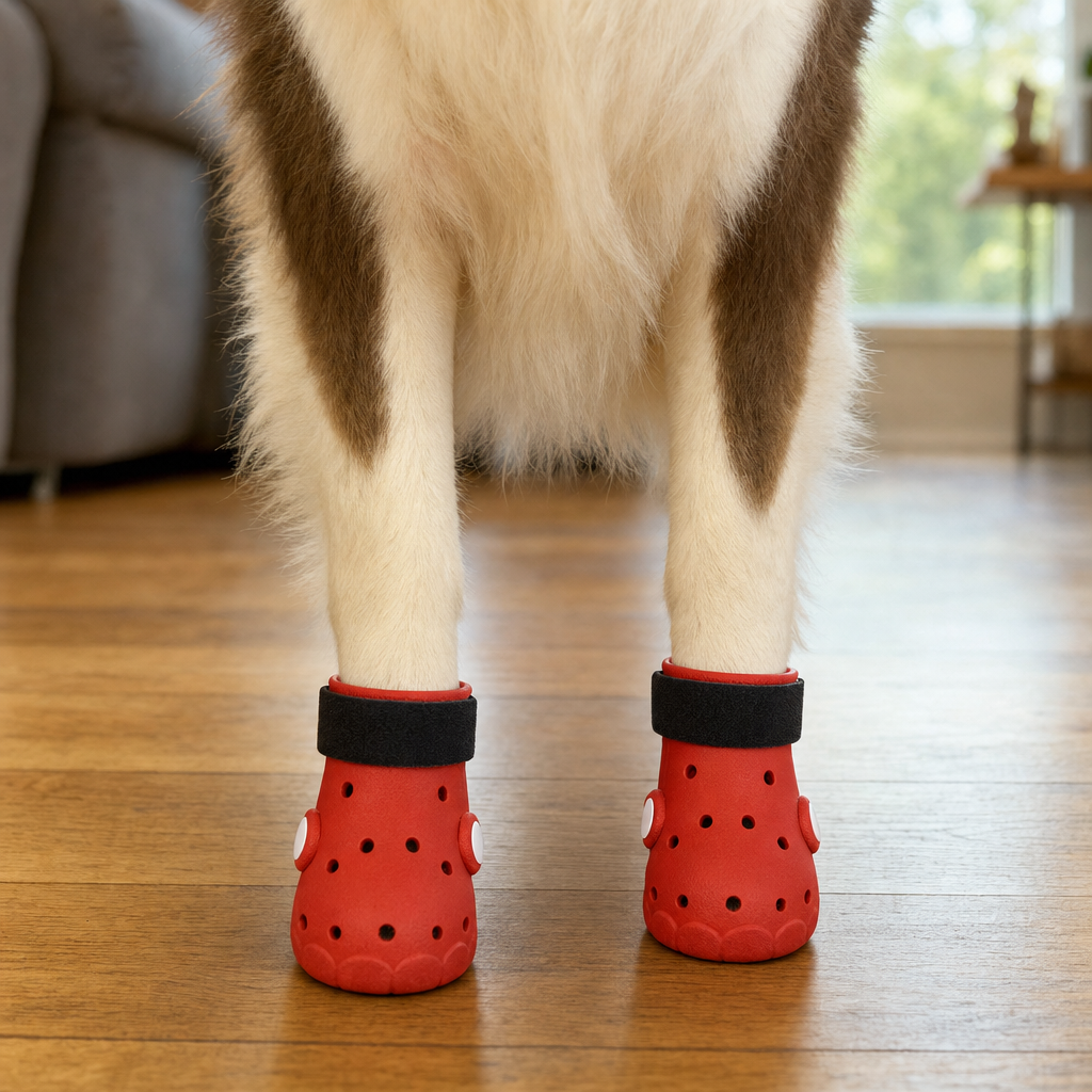 A dog's two front paws in red EVA boots with black straps, standing on a timber floor.
