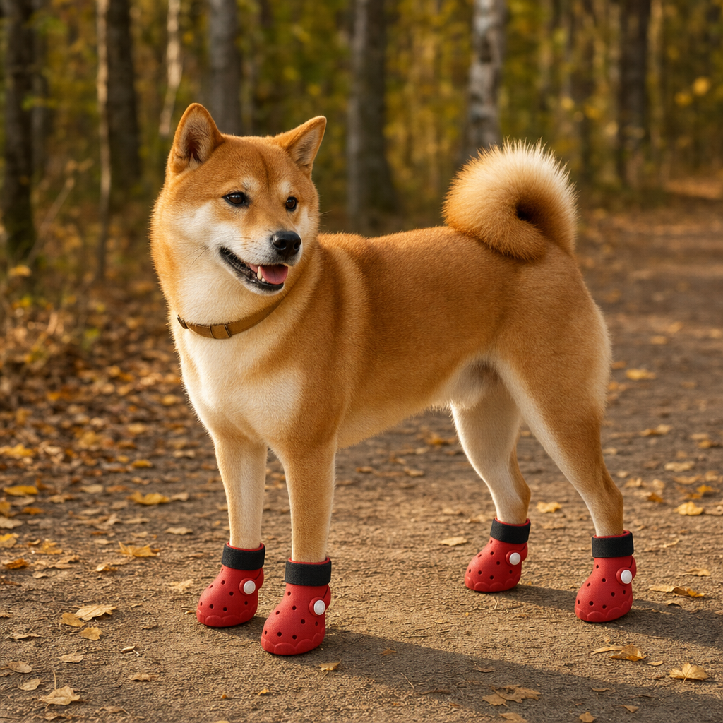 A red-coated medium-sized dog with a curled tail on a woodland trail, wearing red EVA boots with black straps on all four paws.