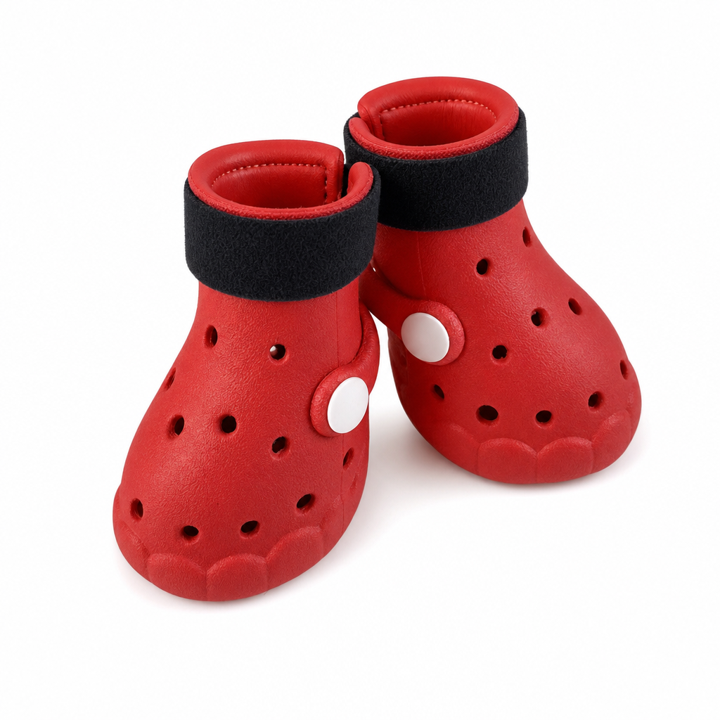 Two red EVA dog boots with black hook-and-loop straps and white side studs.