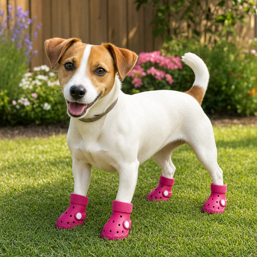 A small white-and-tan dog standing on a garden lawn, wearing rose-pink EVA boots on all four paws.