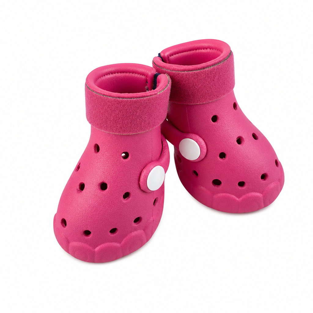 Two rose-pink EVA dog boots with matching straps and white side studs.