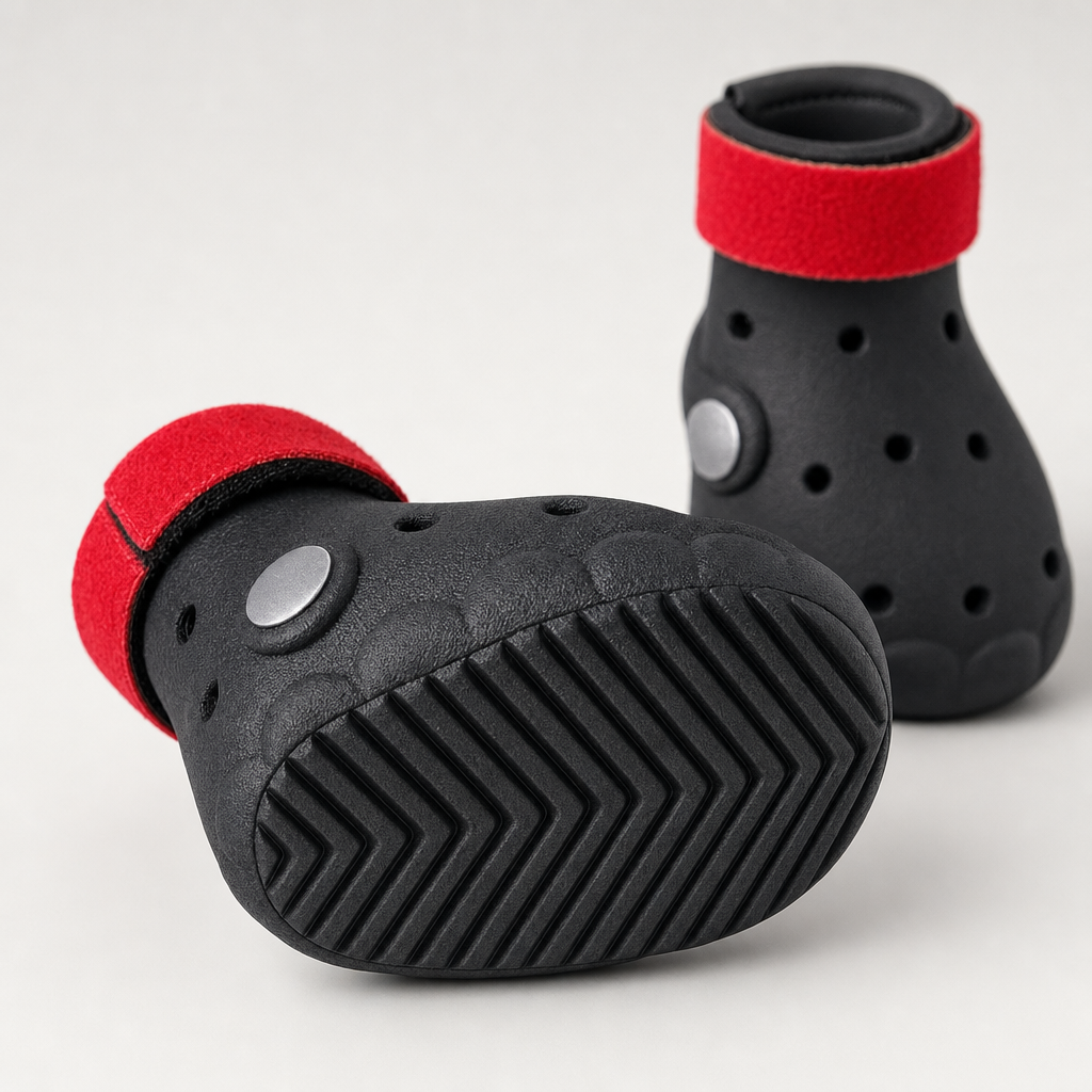 The chevron-tread sole of a black EVA dog boot, with a second boot standing behind it.