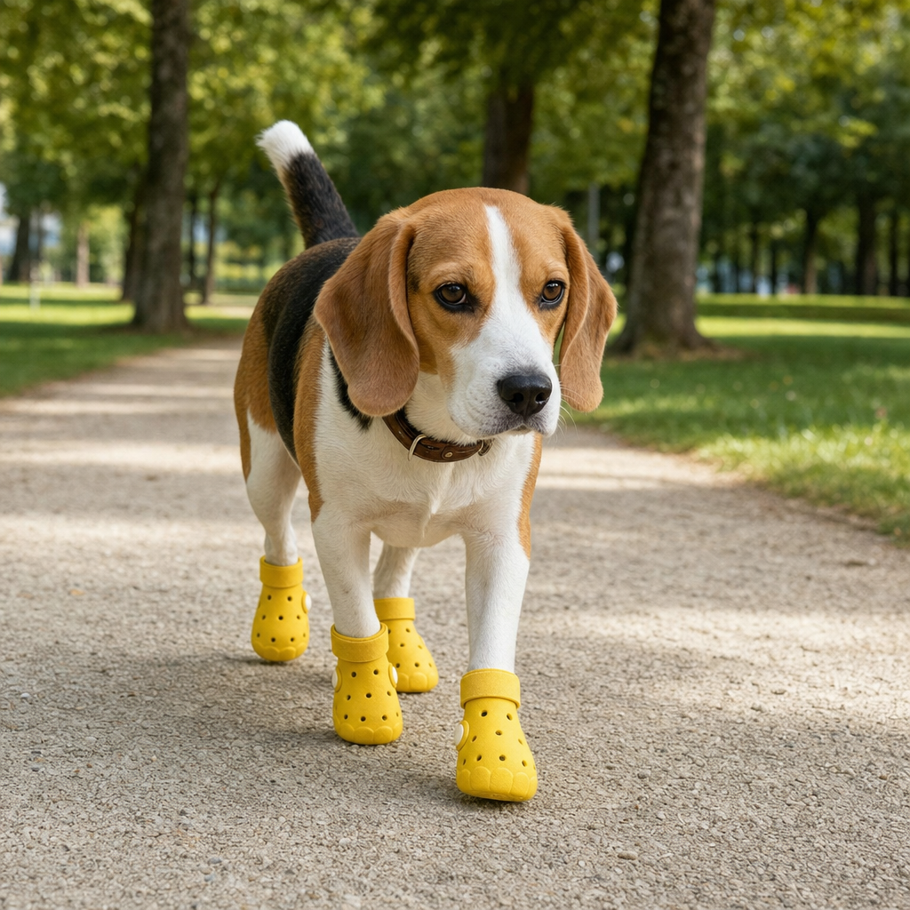 A tricolour medium-sized dog walking along a dry park path, wearing yellow EVA boots on all four paws.