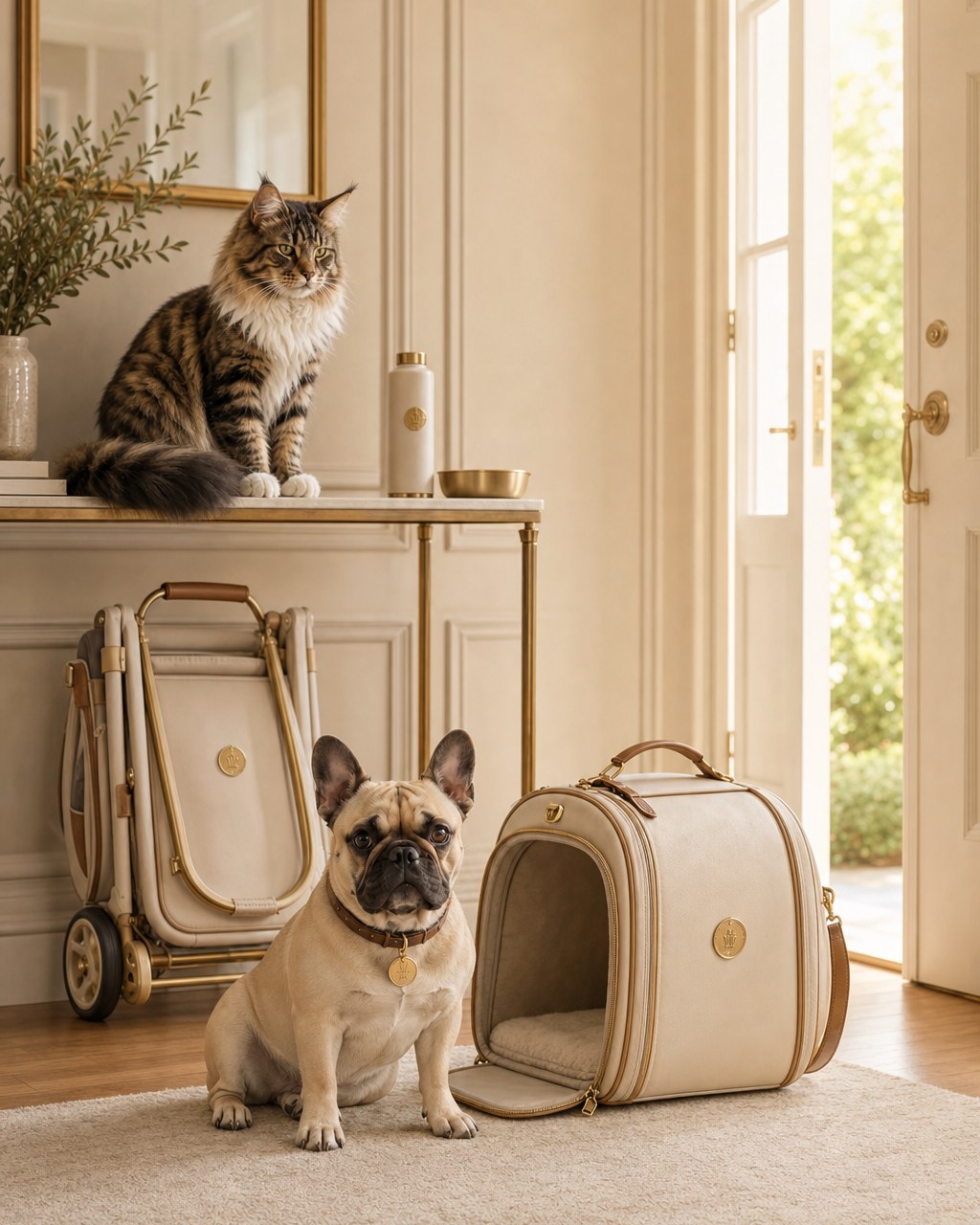 French Bulldog beside a cream leather pet carrier with a Maine Coon cat on a console table in a sunlit entrance hall.