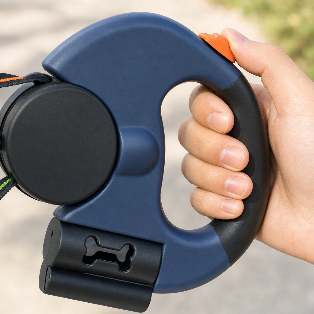 Close view of the blue leash handle held in one hand, with the thumb resting on the orange lock button.